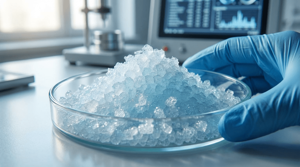 Gloved hand holding a petri dish of translucent crystalline material in a laboratory.