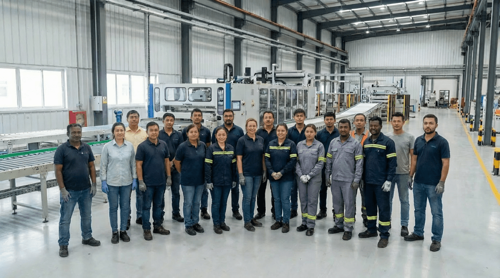 Diverse group of factory workers in safety gear standing in a large industrial plant.