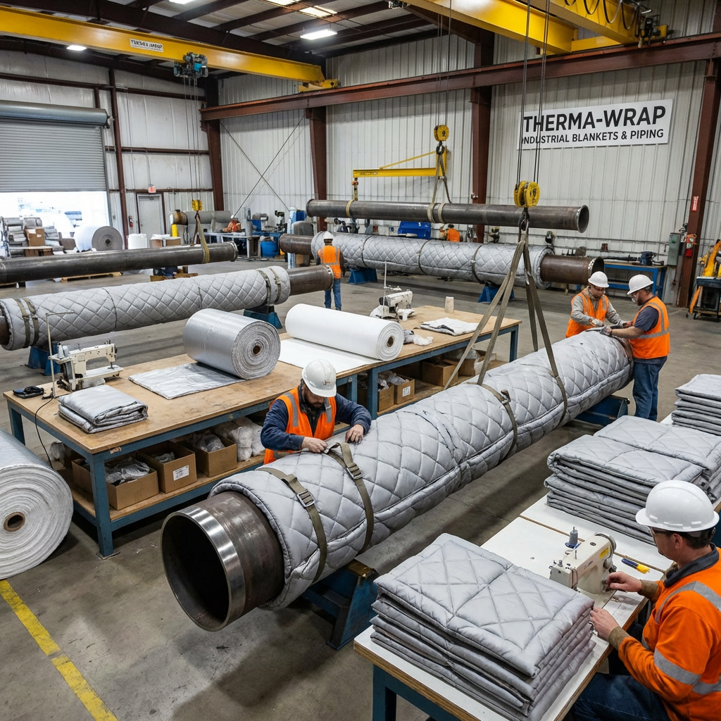 Workers applying quilted insulation blankets to large pipes in an industrial warehouse.
